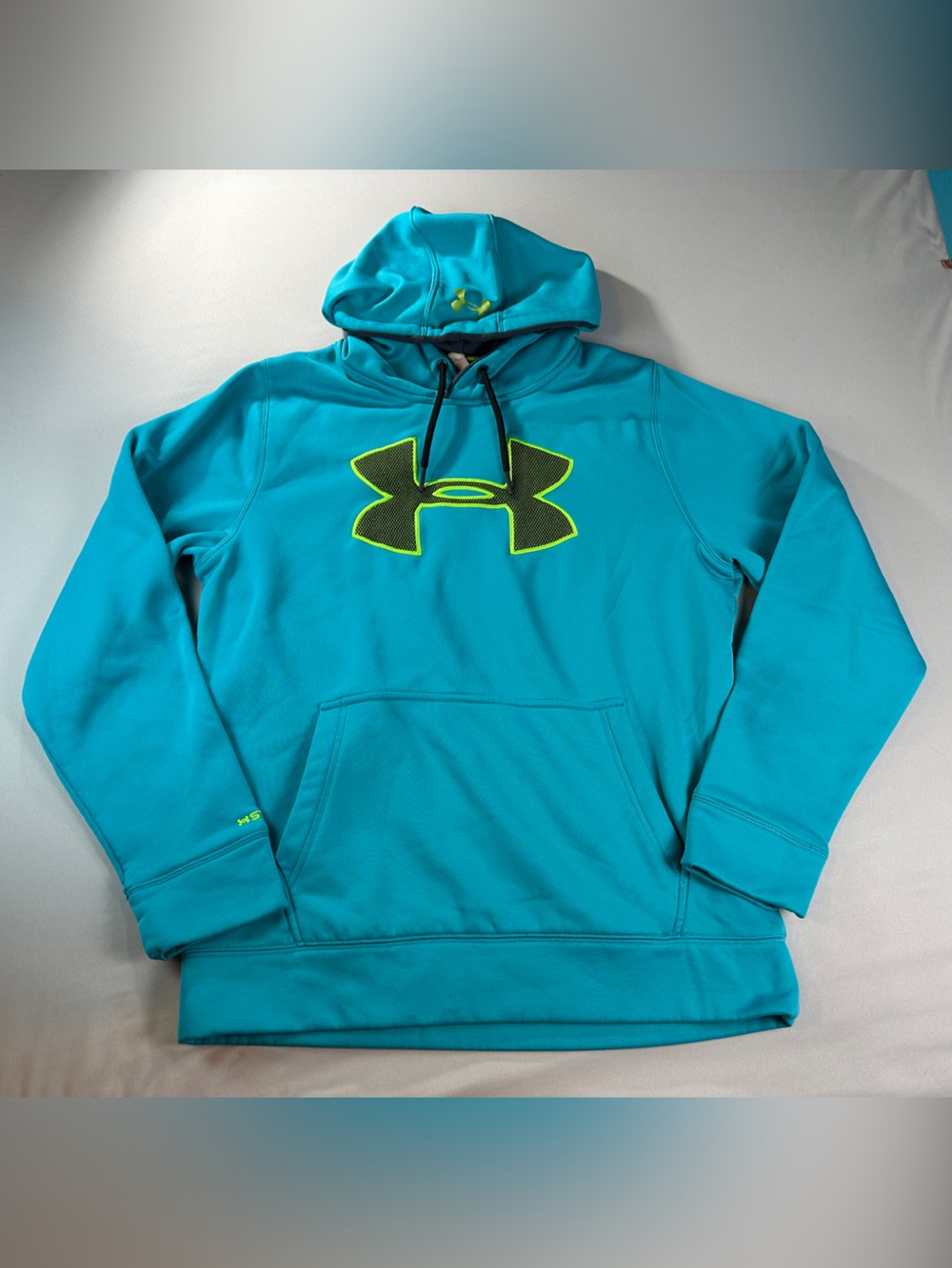 Under Armour Storm Mens Teal Sweatshirt Hooded Pullover Neon Logo